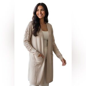 Ember Elegant Open Front Longline Cardigan Sweater Faux Pearl Accents Size 1X